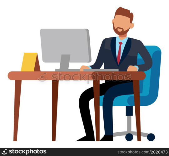 Businessman sitting at desk. Man working on computer isolated on white background. Businessman sitting at desk. Man working on computer