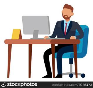 Businessman sitting at desk. Man working on computer isolated on white background. Businessman sitting at desk. Man working on computer