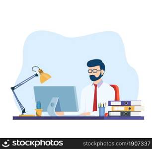 Businessman sitting at desk working on computer in office. Office worker working paperwork. Computer on table. Vector illustration in flat style. business man working on computer at the desk in office
