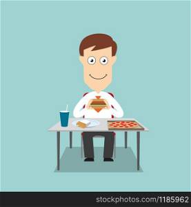 Businessman sitting at table and eating fast food lunch with pizza, hamburger, french fries and soda. Cartoon flat style. Businessman having fast food lunch