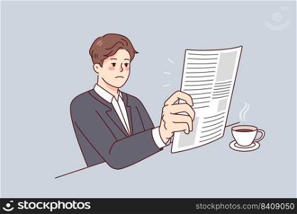 Businessman sitting at table drinking coffee reading newspaper in morning. Serious man in suit enjoy press magazine in office. Flat vector illustration. . Businessman reading newspaper drinking coffee