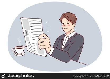 Businessman sitting at table drinking coffee reading newspaper in morning. Serious man in suit enjoy press magazine in office. Flat vector illustration.. Businessman reading newspaper drinking coffee