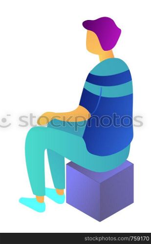Businessman sitting back view on a box thinking, tiny people isometric 3D illustration. Manager working, office meeting, employee on cube and breaktime concept. Isolated on white background.. Businessman sitting back view on a cube isometric 3D illustration.