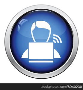Businessman sitting behind a laptop icon. Glossy button design. Vector illustration.
