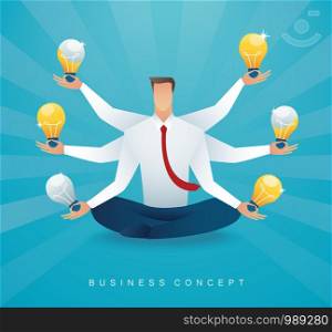 businessman sitting in lotus pose meditation with light bulb. concept of creative thinking. vector illustration EPS10