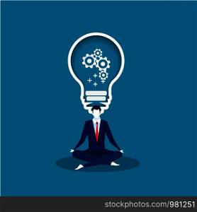 businessman sitting in lotus pose meditation with light bulb. concept of creative thinking. vector illustration