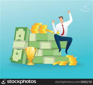 Businessman sitting on a big money and coins. Finance success, money wealth concept vector illustration EPS10