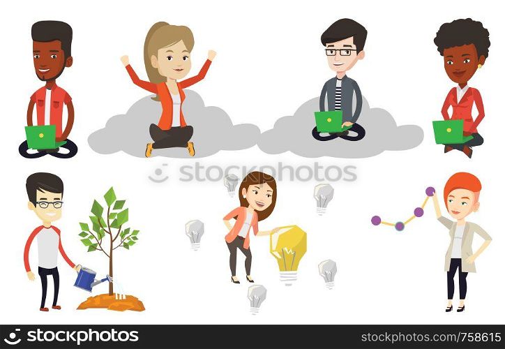Businessman sitting on a cloud and working on his laptop. Businessman using cloud computing technology. Cloud computing concept. Set of vector flat design illustrations isolated on white background.. Vector set of business characters.