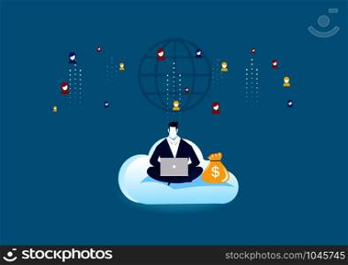 businessman sitting on cloud with laptop and working, diagrams vector illustration