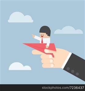 Businessman sitting on paper plane with big hand ready to throw, VECTOR, EPS10