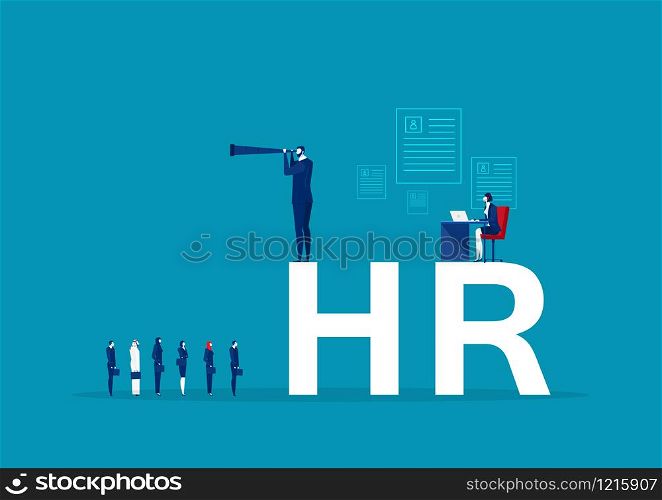 businessman Sitting on Rock Looking through Spyglass with Magnifying Icon and HR Text . vector