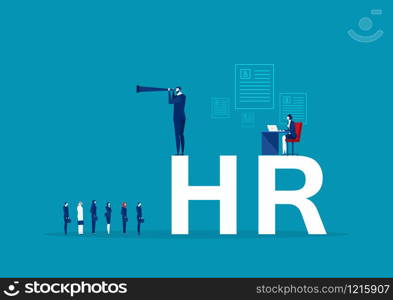 businessman Sitting on Rock Looking through Spyglass with Magnifying Icon and HR Text . vector