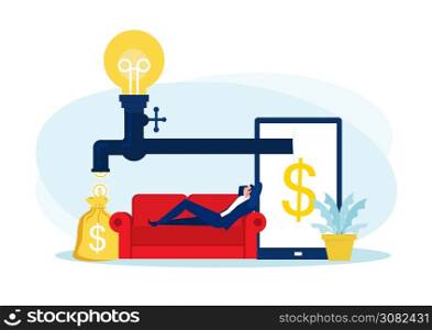 businessman sitting on sofa , relaxing and making money passively. Finance, investment, wealth, passive income.concept work office