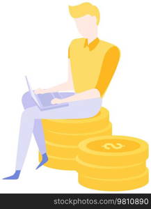 Businessman sitting on stack of gold coins with laptop and working with finances. Making money, profit, earnings in gold pennies concept. Male freelancer uses technology in banking vector illustration. Male freelancer uses technology in banking. Businessman sitting on stack of gold coins with laptop
