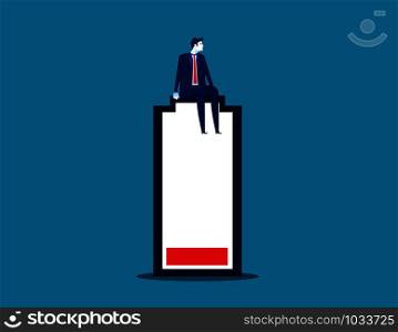 Businessman sitting on top of low battery symbol. Concept business vector.