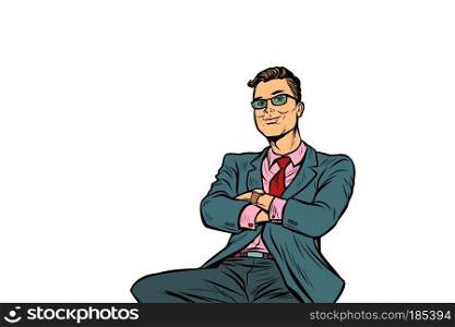 businessman sitting smiling. Pop art retro vector illustration vintage kitsch. pop art businessman sitting smiling
