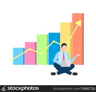 Businessman sitting with laptop vector, working man with infochart and growing arrowhead, person with analyzed info and charts successful business. Statistics, Working Man Analyzing Information