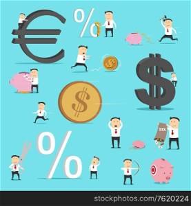 Businessman situations, business metaphor icons. Vector office manager character with euro and dollar money income, aim on piggy bank investment savings, percent decrease, tax growth and crisis loss. Businessman character icons, business situations