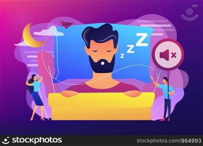 Businessman sleeping in bed and snoring, angry awake tiny people listening. Night snoring, sleep apnea syndrome, snoring and apnea treatment concept. Bright vibrant violet vector isolated illustration. Night snoring concept vector illustration.