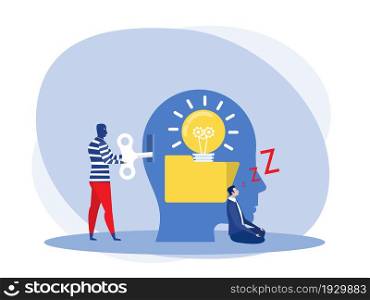 businessman sleeping or Tired creating an idea with Man steal idea from unlock a bulb concept Vector flat illustration.