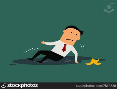 Businessman slipped on a banana peel and fell down in a puddle, for fail or mistake concept design. Cartoon flat style. Businessman slipped on a banana