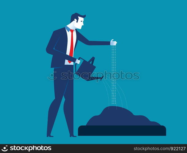 Businessman sowing and watering seeds. Concept business success vector illustration. Vector cartoon character flat