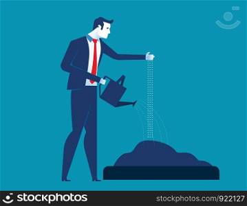 Businessman sowing and watering seeds. Concept business success vector illustration. Vector cartoon character flat