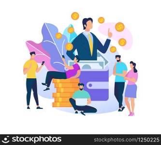 Businessman Speaking at Huge Purse with Banknotes and Coins Around. Men and Women Listening. Business Consulting, Financial Advisor, Management. Economic Infographic. Cartoon Flat Vector Illustration.. Businessman Speaking at Huge Purse People Listen