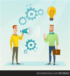 Businessman speaking to megaphone and making announcement for business idea. Businessman came up with idea. Concept of business idea and announcement. Vector flat design illustration. Square layout.. Announcement for business idea vector illustration