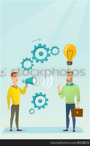 Businessman speaking to megaphone and making announcement for business idea. Businessman came up with idea. Concept of business idea and announcement. Vector flat design illustration. Vertical layout.. Announcement for business idea vector illustration