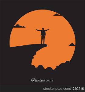 Businessman stand on cliff, Freedom or happiness concept. Silhouette of person, Vector illustration flat design