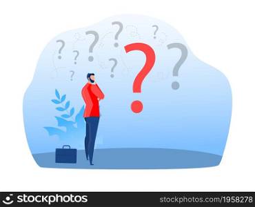 Businessman standing and choosing work strategy for success. Questions dilemma and options confusion concept vector illustrator