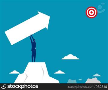 Businessman standing and hold white arrow. Business success vector.