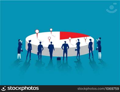 Businessman standing and looking at pie chart as symbol of business analysis. Market share presentation .vector illustration.