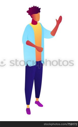 Businessman standing and rasing up his hand, tiny people isometric 3D illustration. Successful manager presenting, student with hand up, leader and employee concept. Isolated on white background.. Businessman standing with raised hand isometric 3D illustration.