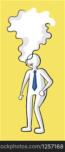 Businessman standing and smoking cigarette vector illustration. Black outlines and colored, yellow background.