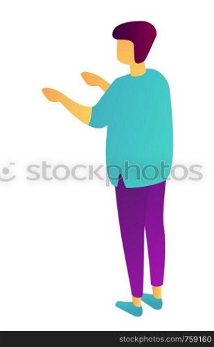 Businessman standing back view raising arms, tiny people isometric 3D illustration. Business presentation, manager, employee advertising, introduce concept. Isolated on white background.. Businessman back view rasing arms isometric 3D illustration.
