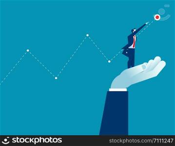 Businessman standing big hand and reaching success. Concept business illustration. Vector flat