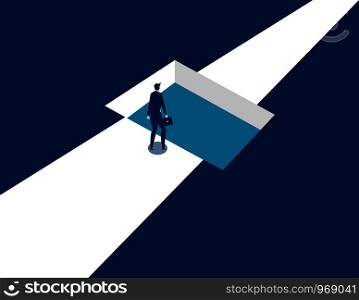 Businessman standing by shaped hole in road. Concept business illustration. Vector business abstract.. Businessman standing by shaped hole in road. Concept business illustration. Vector business abstract.