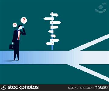 Businessman standing confused by direction sign. Concept business illustration. Vector flat