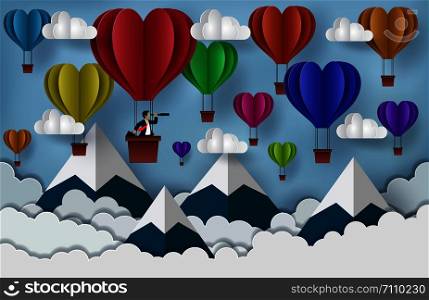 Businessman standing in balloon red holding binocular. Floating in the sky to goal to achieve success. business Concept. Modern ideas creativity. illustration of nature and mountain. paper art
