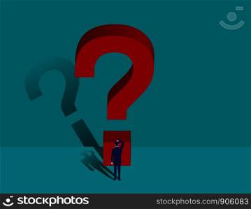 Businessman standing in front of a huge question mark. Concept business illustration. Vector flat.