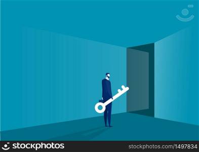 Businessman standing in front of door holding big key. Solution, to success concept vector