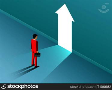 businessman standing in front of open arrow door with bright light. business finance success concept. creative idea. leadership. startup. illustration cartoon vector