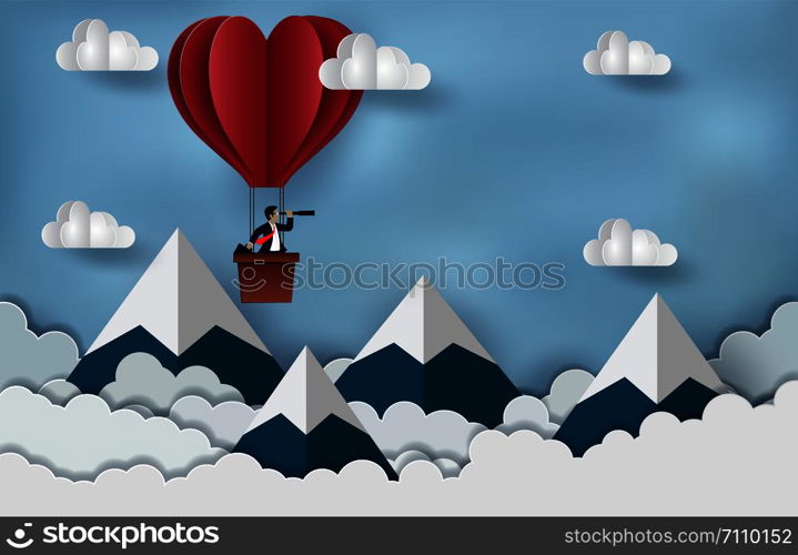 Businessman standing in The hot air balloon red holding binocular. Floating in the sky to goal to achieve success. business Concept. creative idea. illustration of cloud and mountain. paper art