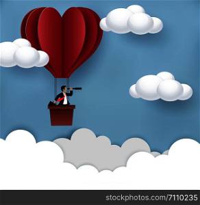 Businessman standing in The hot air balloon red holding binocular. Floating in the sky to goal to achieve success. business Concept. Modern ideas creativity. vector illustration. paper art