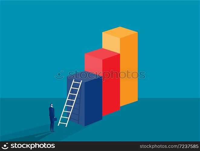 businessman standing looks in the bar chart with stair for go to success concept. vector illustration