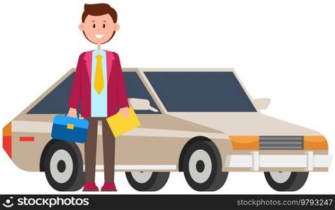 Businessman standing near gray car on white background in flat style. Automobile and man. Business concept with happy smiling vehicle owner. Success person driver and transportation, modern sedan. Businessman standing near gray car on white background. Automobile and man. Business concept