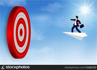 Businessman standing on a paper plane fling go to target Circle red. Business success goal. on background sky. creative idea. leadership. cartoon vector illustration