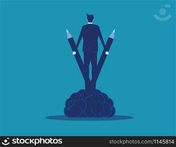 Businessman standing on brain. Concept business vector illustration. Rear view style.. Businessman standing on brain. Concept business vector illustration. Rear view style.